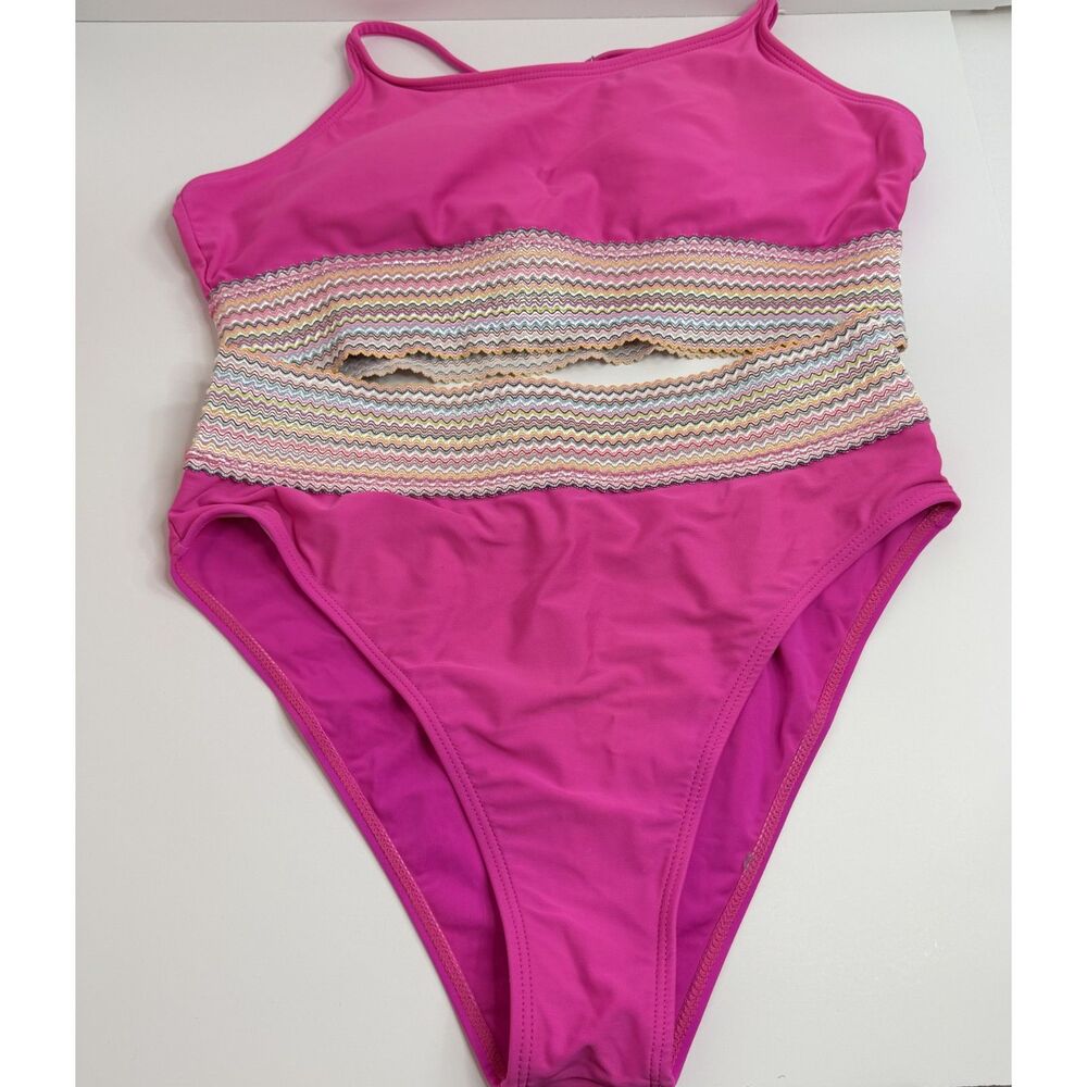 Size L Hot Pink 2 Piece Bikini Swimsuit Chevron Strappy High Waist